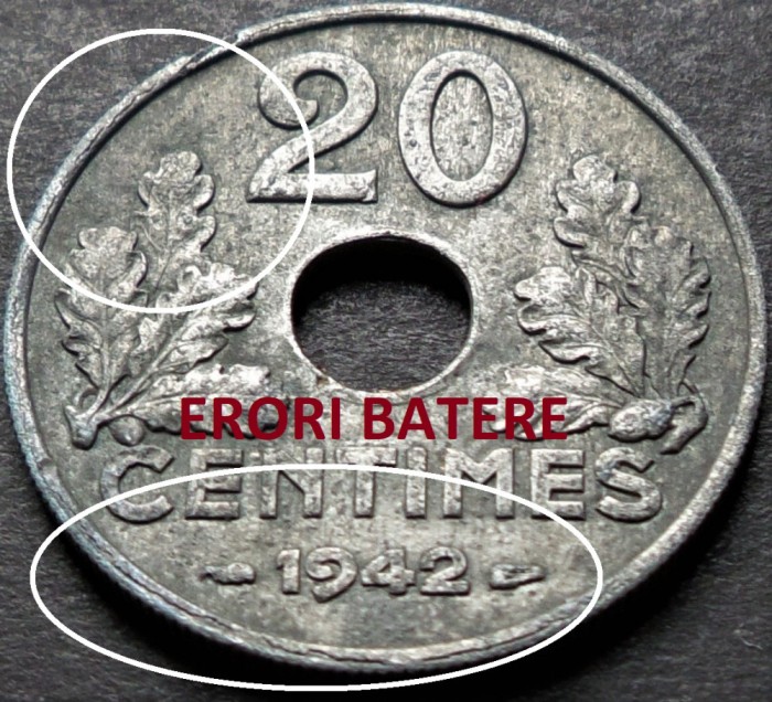 Moneda istorica 20 CENTIMES - FRANTA, anul 1942 * cod 3863 - ERORI de BATERE