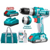 Masina de gaurit cu percutie Total Industrial - 2 acumulatori, 20V, 2Ah + 50 accesorii