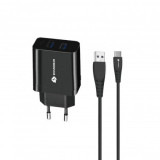 Incarcator Retea 2 x USB 2.1A, RO&amp;MAN RC06D, cu Cablu de date USB Type-C, 1m, Negru, Blister