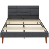 HOMCOM Pat tapițat 140x200 cm cu tăblie capitonată tip plasă Depozitare inferioară Lamele din lemn Gri | Aosom Romania