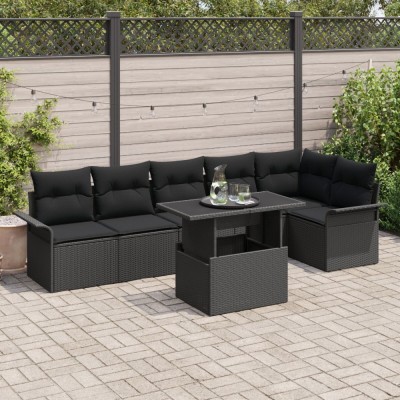 Gossi set de canapea de gradina cu 7 piese cu perne, negru, ratan polimeric foto