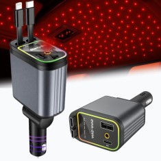 &Icirc;ncărcător Auto 4 &icirc;n 1 pentru Bricheta cu Cabluri Retractabile Type-C și iPhone, &Icirc;ncărcare Rapidă USB-A/USB-C, Proiecție LED Cer &Icirc;nstelat pe Plafon, O