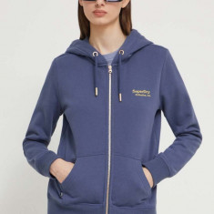 Superdry hanorac de bumbac femei, culoarea albastru marin, cu glugă, cu imprimeu