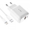 Incarcator Retea Cu Cablu Lightning Tech-Protect C20W, 20W, 3A, 1 x USB-A - 1 x USB-C, Alb, Apple