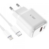 Incarcator Retea Cu Cablu Lightning Tech-Protect C20W, 20W, 3A, 1 x USB-A - 1 x USB-C, Alb, Apple