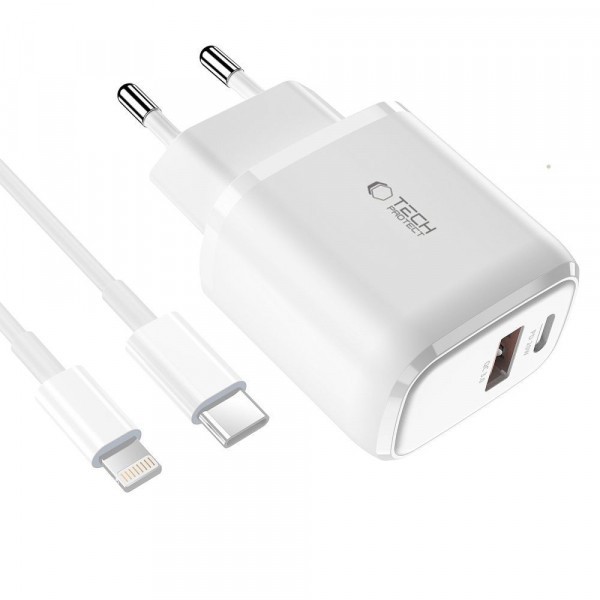 Incarcator Retea Cu Cablu Lightning Tech-Protect C20W, 20W, 3A, 1 x USB-A - 1 x USB-C, Alb