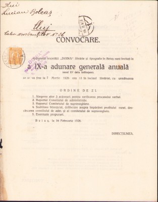 HST A1563 Convocare Adunare Generală 1926 Societatea Doina Beiuș Bihor foto
