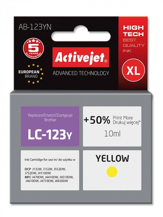 Cartus compatibil LC123 yellow pentru Brother, Premium Activejet, Garantie 5 ani