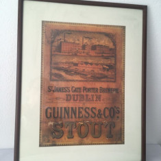Tablou reclama bere vintage Guinness, inramat, 43x56 cm, decor bar, pub
