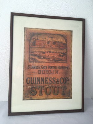 Tablou reclama bere vintage Guinness, inramat, 43x56 cm, decor bar, pub foto