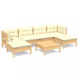 Set mobilier gradina cu perne crem, 7 piese, lemn masiv pin