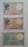 Lot 3 bancnote Franța &ndash; 5 Francs Violet 1939 K.59218/749, 1940 Y.67450/155; 10 Francs Minerve 1941 X.83344/960