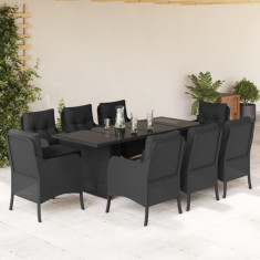 Set mobilier de gradina cu perne, 9 piese, negru, poliratan