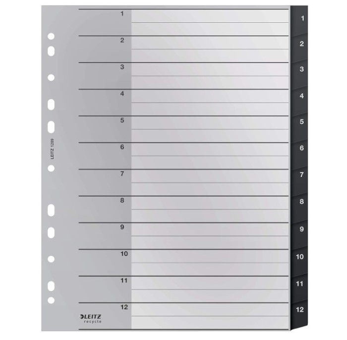 Separataore pentru mape Leitz Index, 1-12 file numerice, A4, plastic reciclat 90%, negru - RESIGILAT