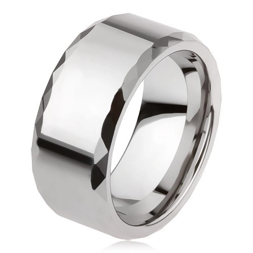 Inel tungsten argintiu, margini şlefuite geometric, suprafaţă netedă - Marime inel: 57