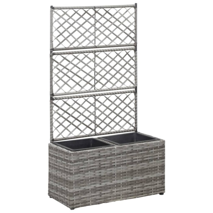 Strat &icirc;nălțat spalier 2 ghivece, gri, 58x30x107 cm, poliratan