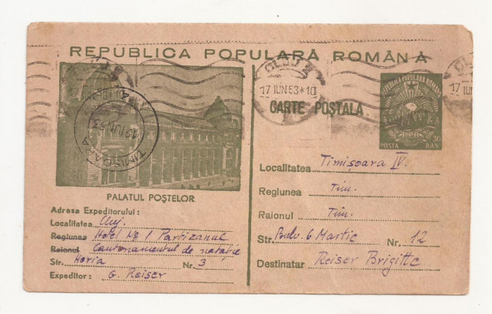 RS1 Carte Postala Romania - circulata 1953 Cluj-Timisoara
