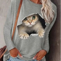 Bluza dama cu maneca lunga, Cute Kitty, print deosebit, gri