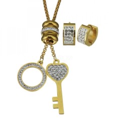 Bvlgari set inox auriu cheie si cerc cercei si colier cu pandant