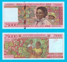 Bancnotă Madagascar (pick 82) 25 000 Francs 1998 UNC serie: A 00980825