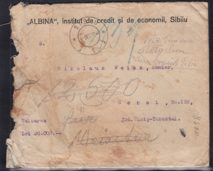 ALBINA INSTITUT DE CREDIT SI ECONOMII SIBIU PLIC CIRCULAT 1924 SIBIU-TIMISOARA