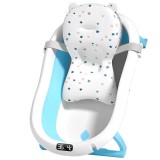 Cadita pliabila pentru bebelusi, cu termometru digital, dop de scurgere, picioare anti-alunecare, design ergonomic, fara BPA, alb/albastru