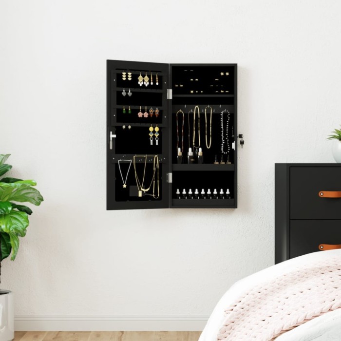Gossi dulap de bijuterii cu oglinda si lumini led, de perete, negru