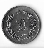 Moneda 50 kurus 1980 - Turcia, FAO, tiraj: 13.000, Europa, Cupru-Nichel