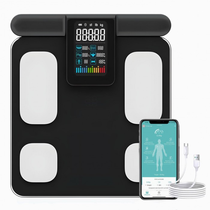Cantar Inteligent, HexaHealth, Profesional, 28 indici corporali, Negru