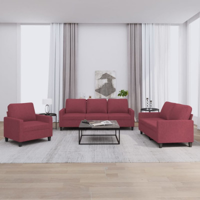 vidaXL Set canapea cu perne, 3 piese, roșu vin, material textil foto