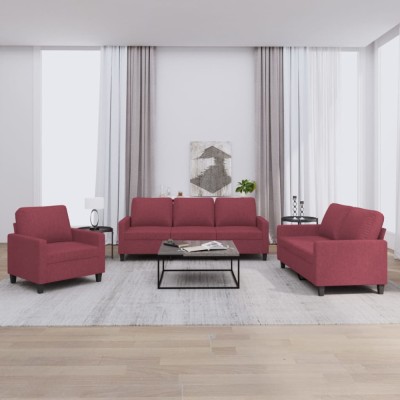 vidaXL Set canapea cu perne, 3 piese, roșu vin, material textil 3201434 foto