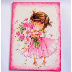 Tablou pe panza, fetita imbracata in roz cu buchet de flori in brate 29736