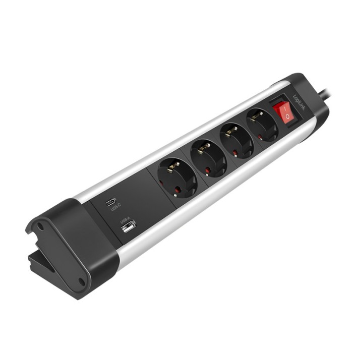 PRELUNGITOR LOGILINK, Schuko x 4, conectare prin Schuko (T), ON/OFF, 16 A, 1xUSB-A, 1xUSB-C, cablu 1.5m, protectie IP20, negru-argintiu, &quot;LPS278U&quot; (ti