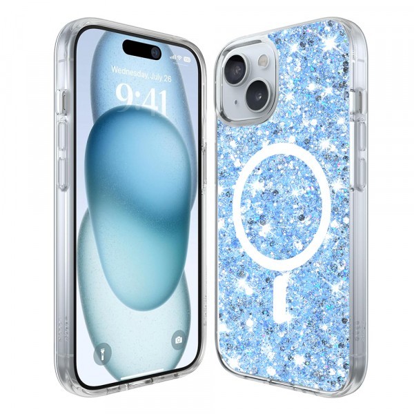 Husa MagSafe pentru Apple iPhone 15 Plus, Techsuit, Sparkly Glitter, Bleu