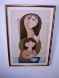 Sami Briss (n.1930 Iasi), &quot;Mama si fiica&quot;, cromolitografie, tablou autentic, Scene gen, Grisaille, Avangardism
