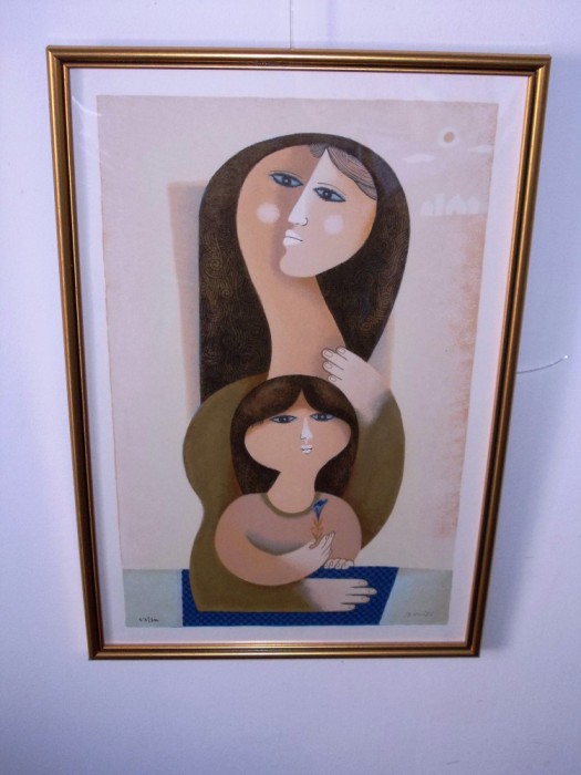 Sami Briss (n.1930 Iasi), &quot;Mama si fiica&quot;, cromolitografie, tablou autentic