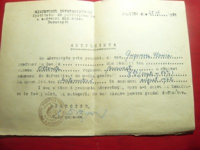 Adeverinta- Diploma a Centrului de Perfectionare a Cadrelor Didactice 1962 foto