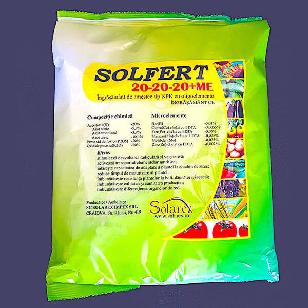 Solfert 20-20-20+ME 20 kg, ingrasamant foliar echilibrat tip NPK+ microelemente (Bor, Cupru, Fier, Mangan, Molibden, Zinc), stimuleaza dezvoltarea rad