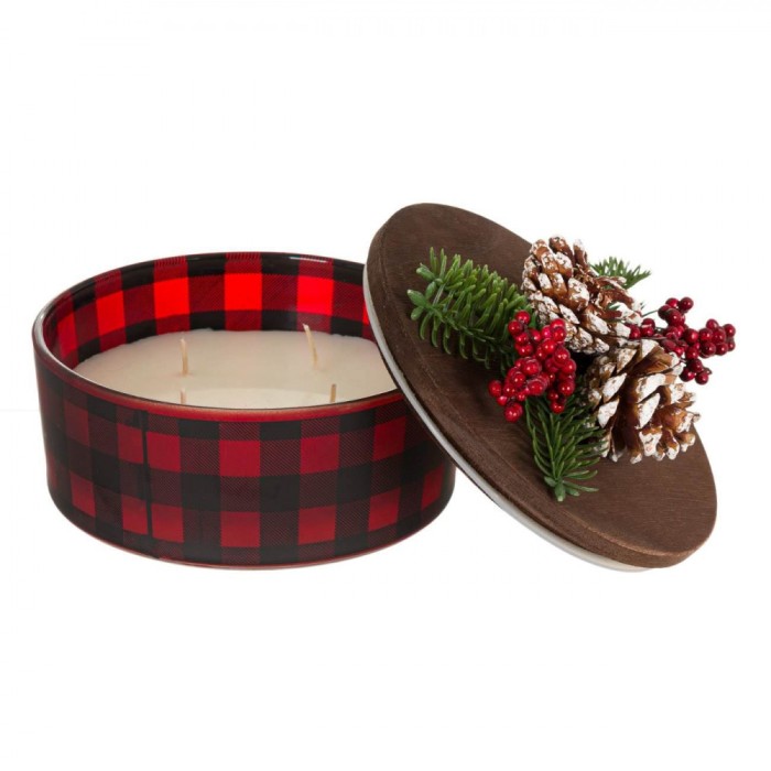 Lum&acirc;nare Decorativă de Crăciun, Ecru, &Icirc;n Pahar Roșu cu Capac Lemn și Ornament Conuri, Diametru 15x10cm