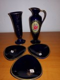 Set 5 piese decorative de colectie portelan vechi vaza flori si mini platou portelan albastru cobalt cu auriu marcata Germania