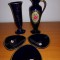 Set 5 piese decorative de colectie portelan vechi vaza flori si mini platou portelan albastru cobalt cu auriu marcata Germania