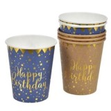 Pahare de petrecere din carton albastru cu stele aurii \"Happy Birthday\" 240ml, CMCLASS