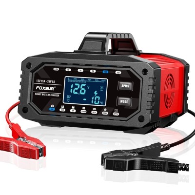 Redresor incarcator inteligent baterii auto FOXSUR 12V 15A / 24V 5A cu afisaj LCD, mod reparare, curent reglabil si 10 trepte incarcare pentru baterii foto