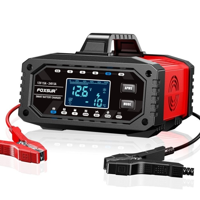 Redresor incarcator inteligent baterii auto FOXSUR 12V 15A / 24V 5A cu afisaj LCD, mod reparare, curent reglabil si 10 trepte incarcare pentru baterii