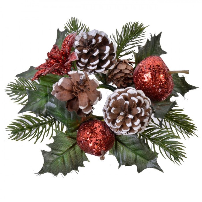 Inel Decorativ Crăciun, Conuri Pin Mar Para, Glitter Roșu, 20 cm