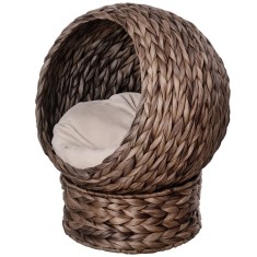 PawHut Coș pentru Pisici din Trestie de Mare cu Pernă, Pat pentru Pisică, Pat pentru Animale de Companie, 50 cm x 42 cm x 60 cm, Maro + Bej | Aosom Ro