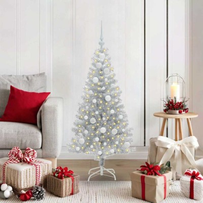 vidaXL Brad de Crăciun cu 150 LED cu suport Argintiu 120 cm PET 3396655 foto