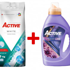 Detergent pudra pentru rufe albe Active, sac 10kg, 135 spalari + Balsam de rufe Active Summer Touch, 1.5 litri, 60 spalari