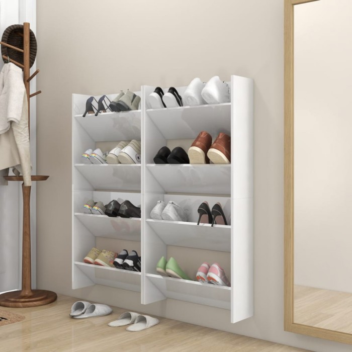 Gossi pantofare de perete, 4 buc., alb extralucios, 60x18x60 cm, pal