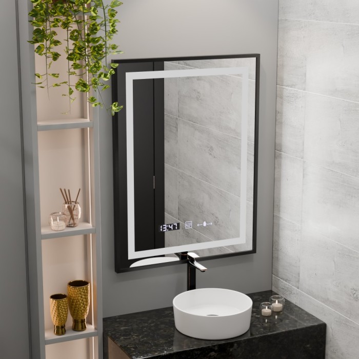Oglinda LED Rectangulara, 60x80cm, Verite Majeste Noir Motion Glow Marcello, Sistem Dezaburire, Ceas &amp; Termometru, Dimabila ModernLight Concept